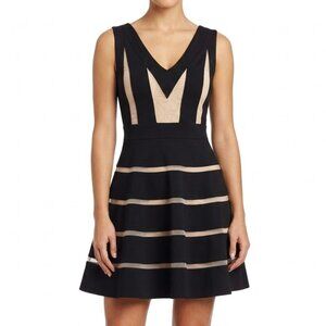Alt.B Black & Nude Mesh Panel Skater Dress Size Large V-Neck Fit & Flare LBD